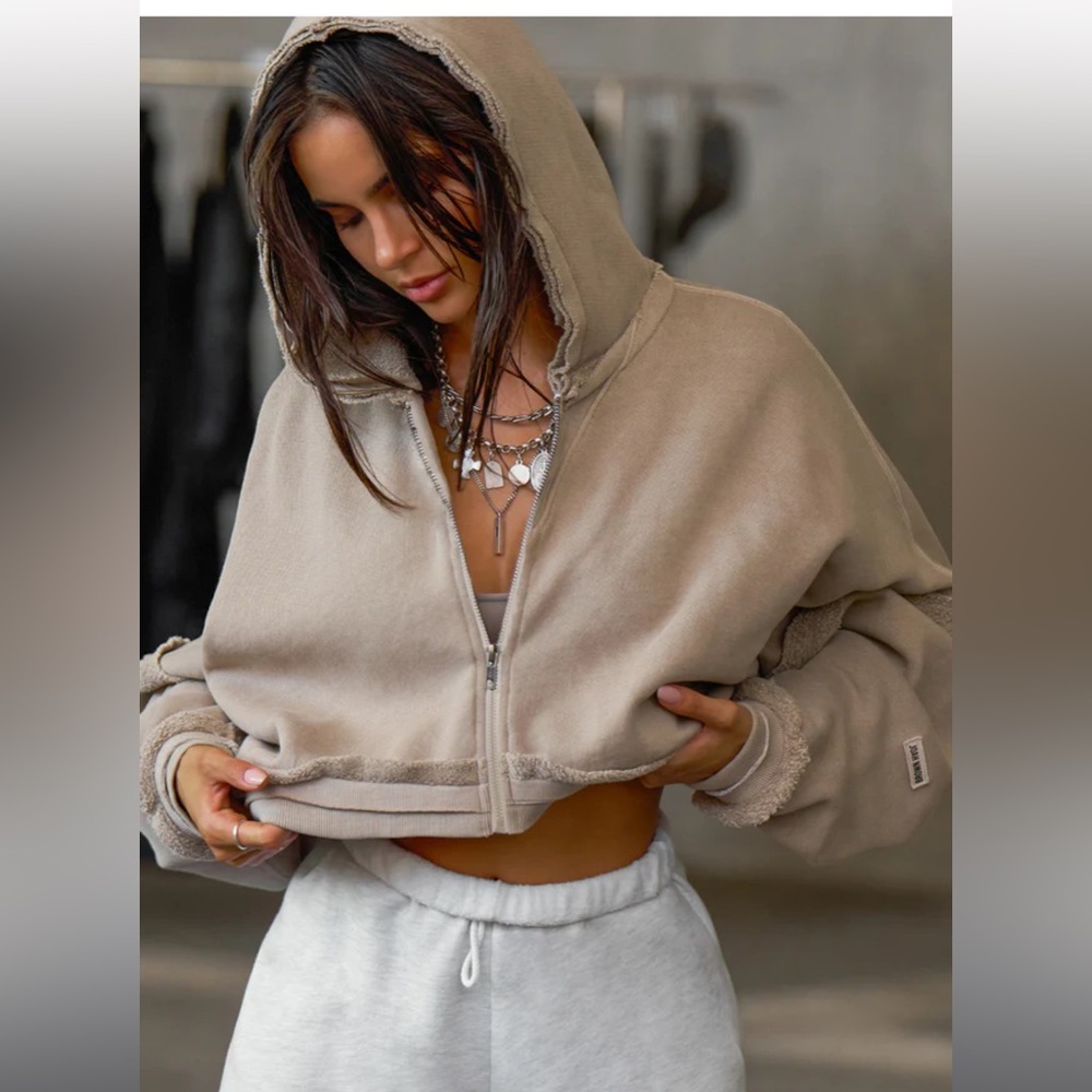 Joah BROWN DECONSTRUCTED CROP ZIP HOODIE